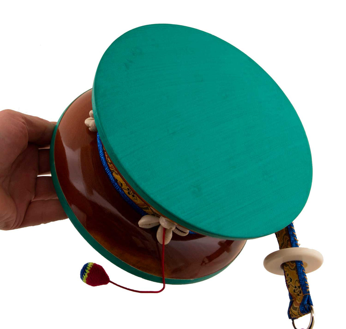 Grand Damaru Tibétain – Tambourin Rituel du Chöd en Bois de Santang (Acacia) avec Étui