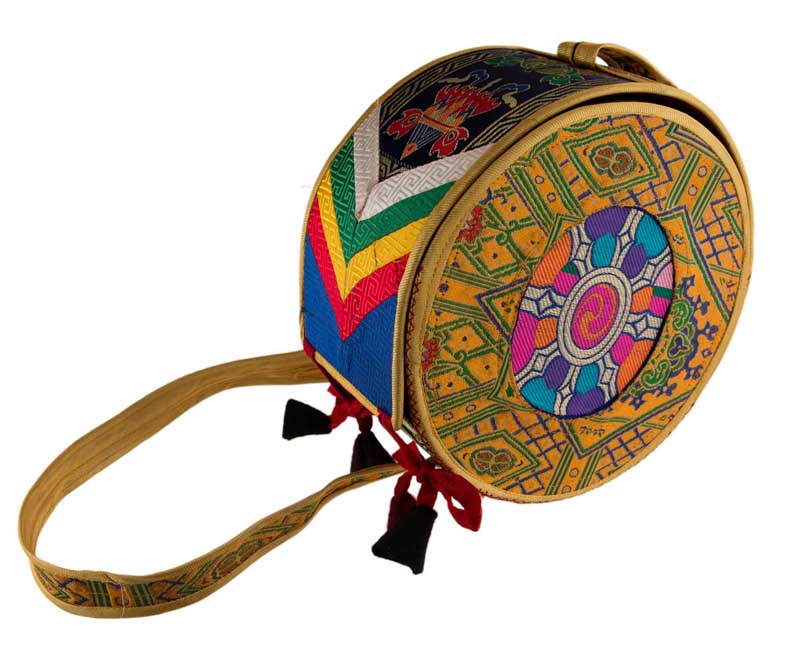 Grand Damaru Tibétain – Tambourin Rituel du Chöd en Bois de Santang (Acacia) avec Étui