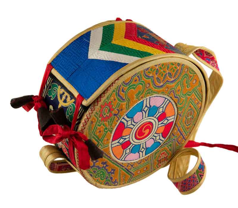 Grand Damaru Tibétain – Tambourin Rituel du Chöd en Bois de Ronce du Bhoutan avec Étui