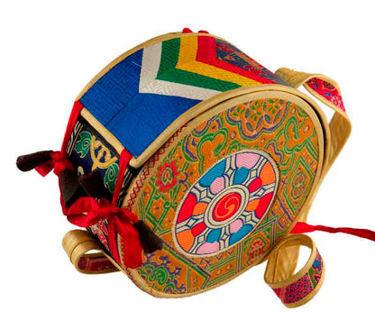 Grand Damaru Tibétain – Tambourin Rituel du Chöd en Bois de Ronce du Bhoutan avec Étui