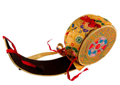 Grand Damaru Tibétain – Tambourin Rituel du Chöd en Bois de Ronce du Bhoutan avec Étui