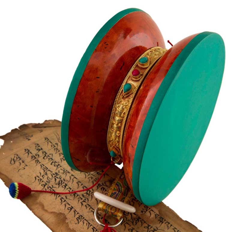 Grand Damaru Tibétain – Tambourin Rituel du Chöd en Bois de Ronce du Bhoutan avec Étui