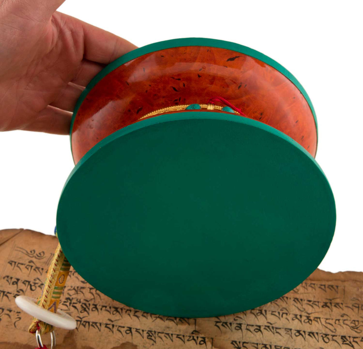 Grand Damaru Tibétain – Tambourin Rituel du Chöd en Bois de Ronce du Bhoutan avec Étui