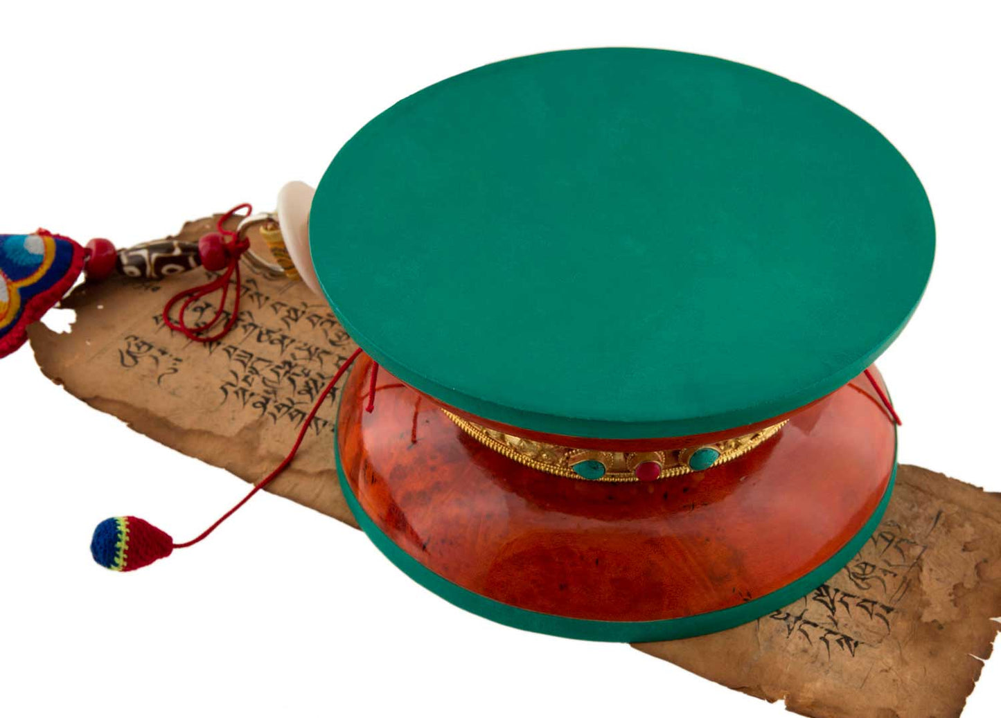 Grand Damaru Tibétain – Tambourin Rituel du Chöd en Bois de Ronce du Bhoutan avec Étui