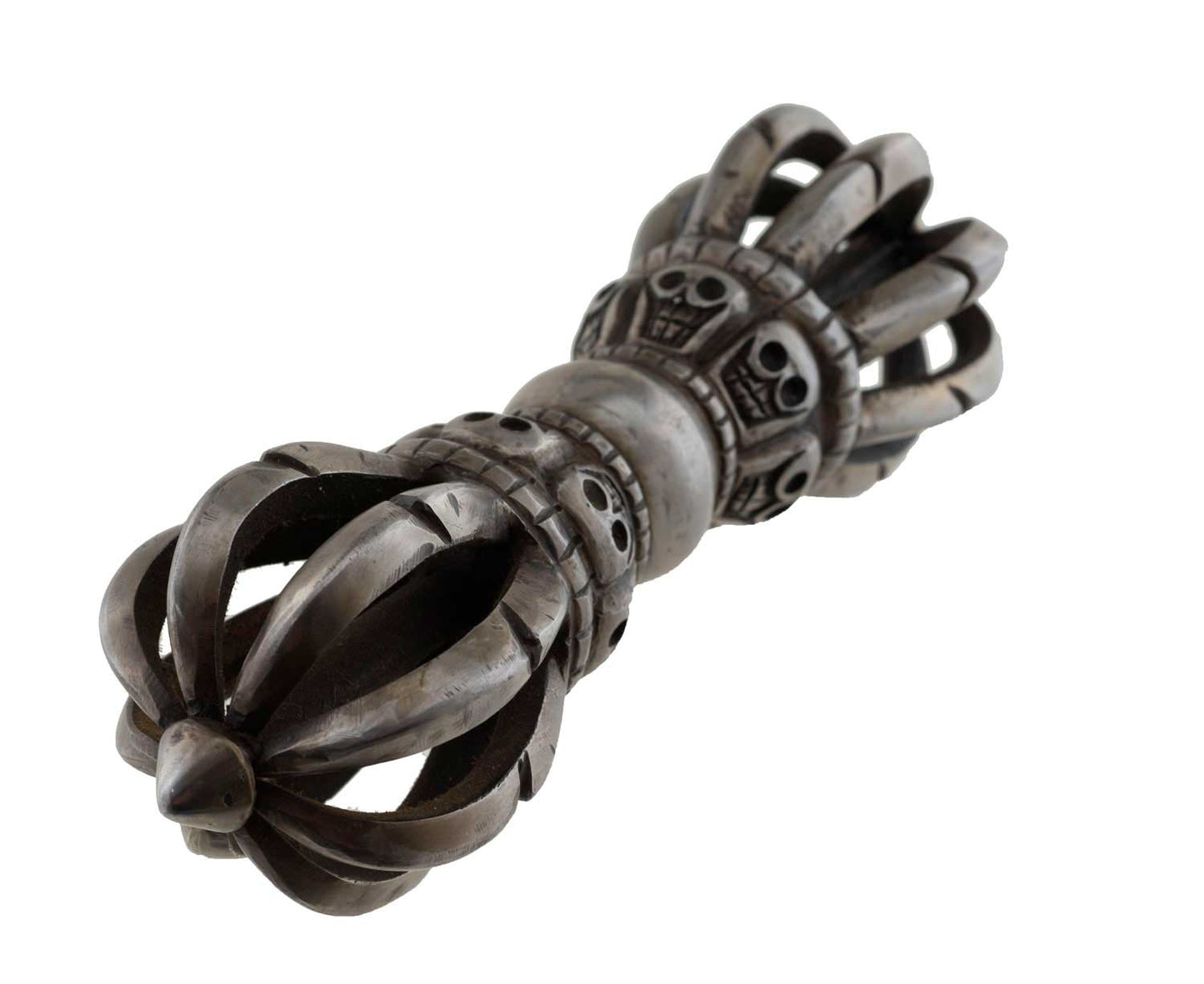 Ancien Dorje Vajra Tibétain À 9 Branches En Fer Avec Tête De Mort – Objet Rituel Bouddhiste Tantrique