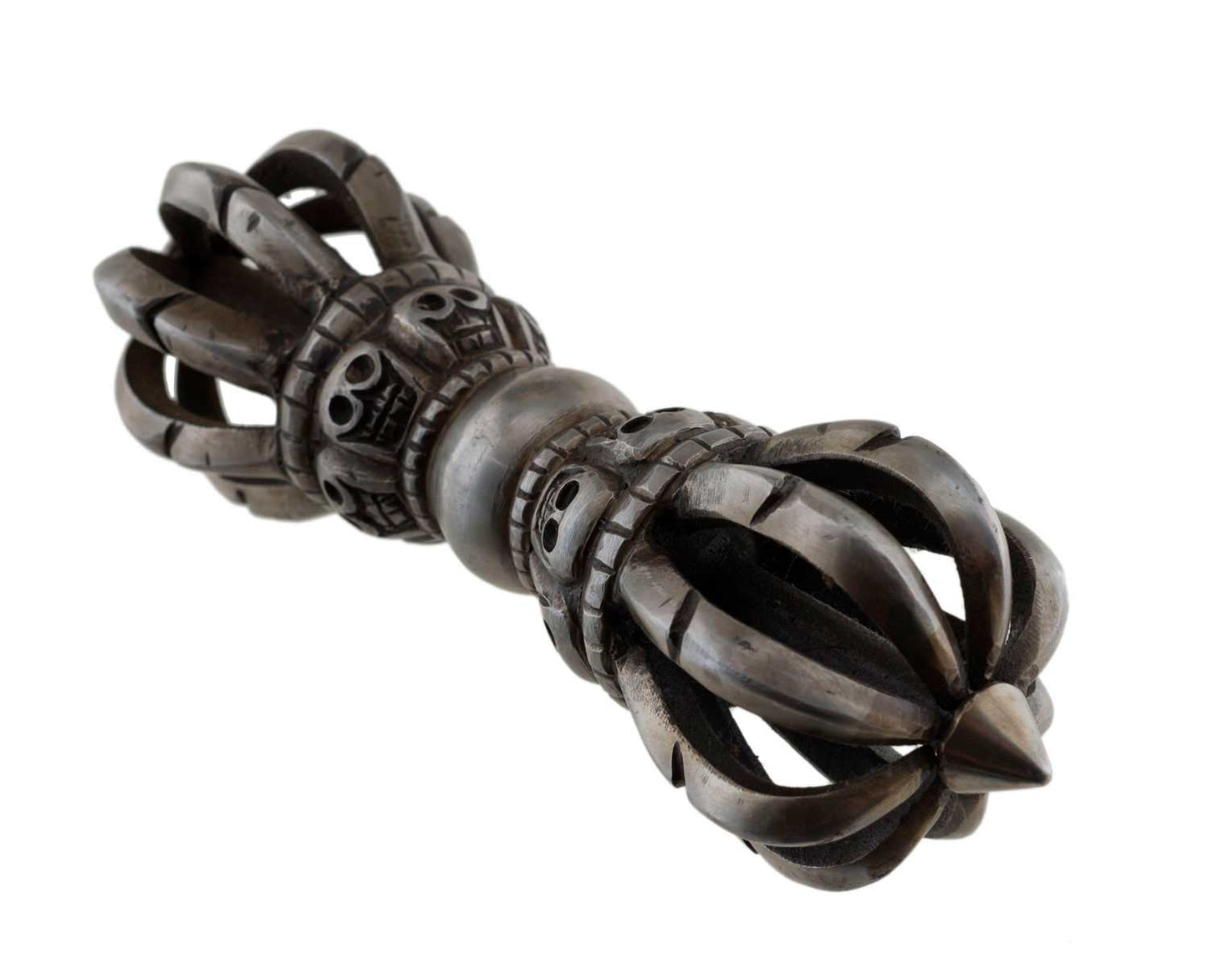 Ancien Dorje Vajra Tibétain À 9 Branches En Fer Avec Tête De Mort – Objet Rituel Bouddhiste Tantrique