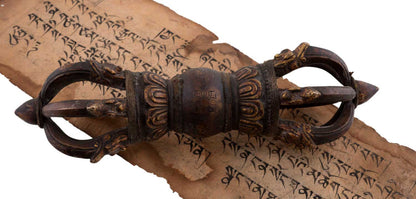 Grand Dorje Vajra Tibétain À 6 Branches En Laiton – Finition Antique – Objet Rituel Bouddhiste