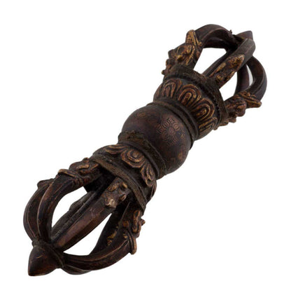 Grand Dorje Vajra Tibétain À 6 Branches En Laiton – Finition Antique – Objet Rituel Bouddhiste