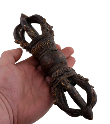Grand Dorje Vajra Tibétain À 6 Branches En Laiton – Finition Antique – Objet Rituel Bouddhiste