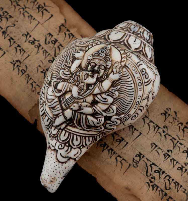 Conque Bouddhiste Tibétaine Mahakala Shakti Shanka – Coquillage Sculpté Artisanal du Népal