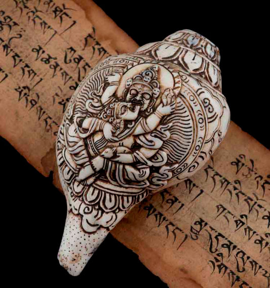 Conque Bouddhiste Tibétaine Mahakala Shakti Shanka – Coquillage Sculpté Artisanal du Népal