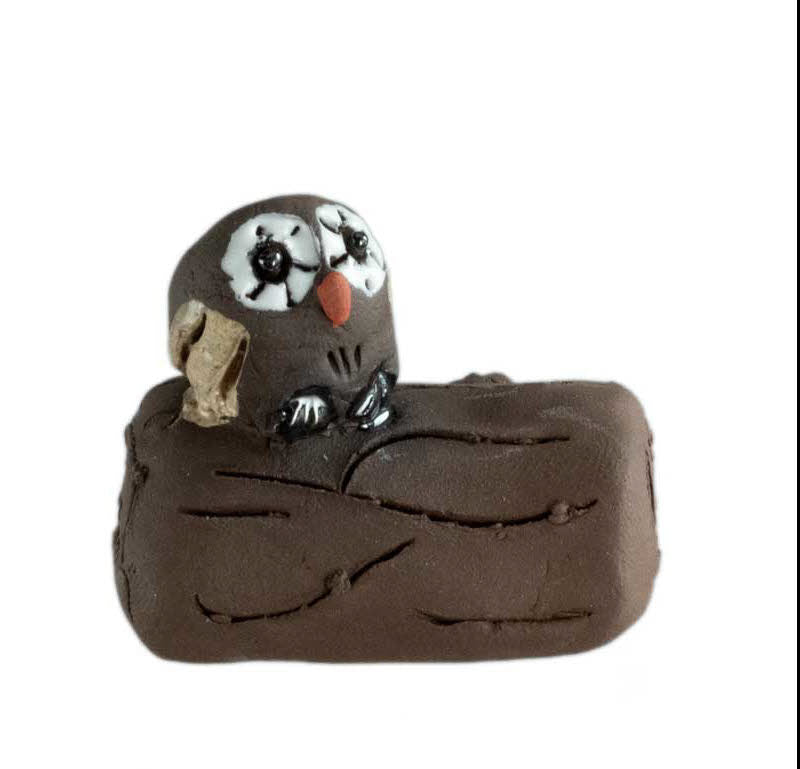 Figurine Chouette En Terre Cuite Sur Bûche – Artisanat De Pologne
