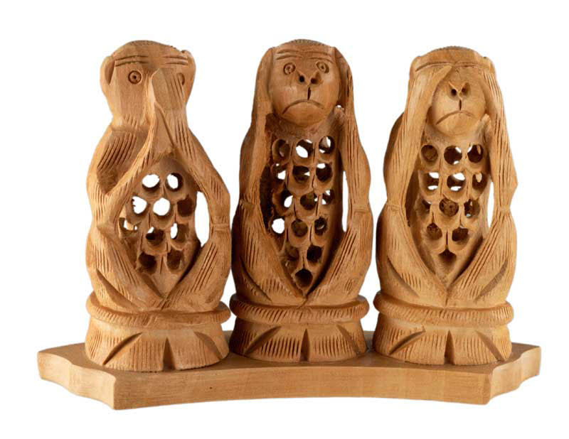 Statuette 3 Singes De La Sagesse En Bois De Kadam – Artisanat Indien