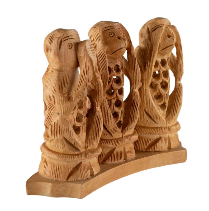 Statuette 3 Singes De La Sagesse En Bois De Kadam – Artisanat Indien