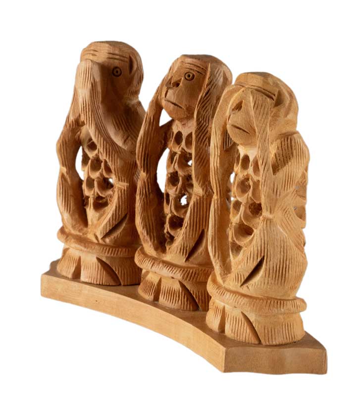 Statuette 3 Singes De La Sagesse En Bois De Kadam – Artisanat Indien