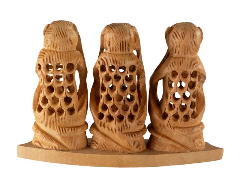 Statuette 3 Singes De La Sagesse En Bois De Kadam – Artisanat Indien