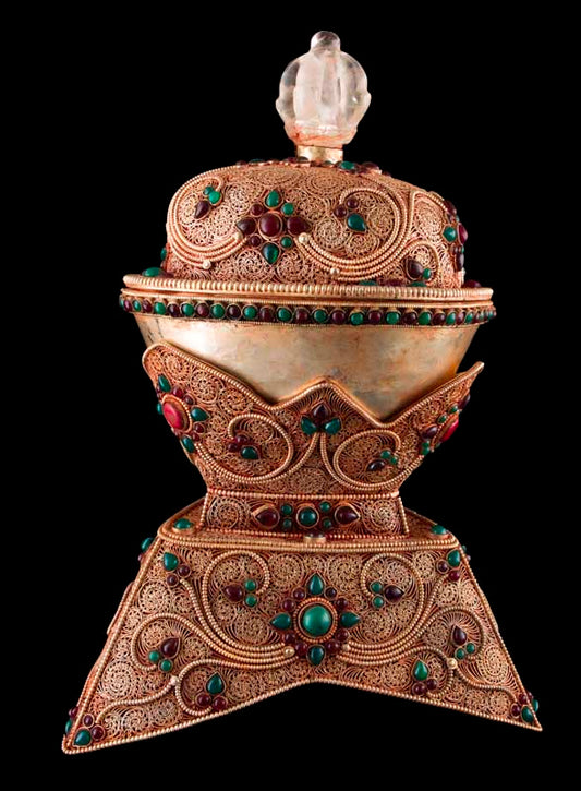 Grand Kapala Crâne Tibétain avec Support – Cuivre et Cristal de Roche, Artisanat Népalais