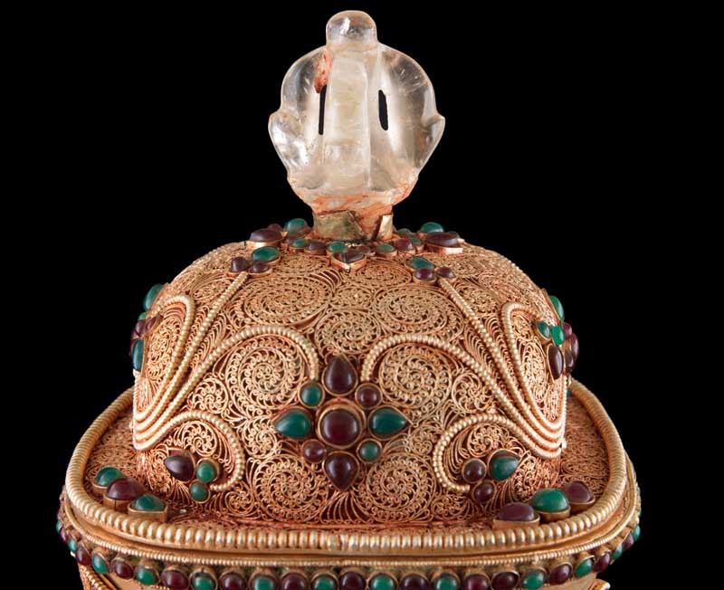 Grand Kapala Crâne Tibétain avec Support – Cuivre et Cristal de Roche, Artisanat Népalais
