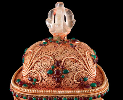 Grand Kapala Crâne Tibétain avec Support – Cuivre et Cristal de Roche, Artisanat Népalais