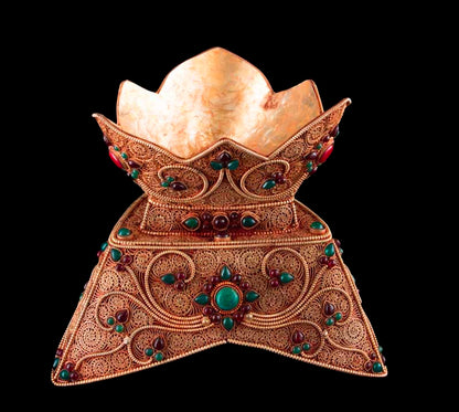 Grand Kapala Crâne Tibétain avec Support – Cuivre et Cristal de Roche, Artisanat Népalais