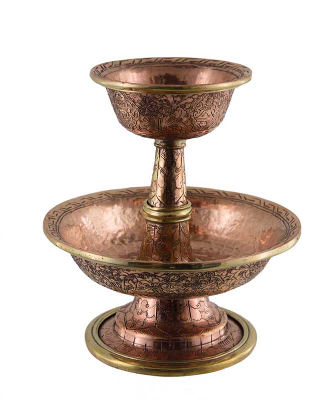 Serkyem tibétain en cuivre – Coupe et vase d'offrandes rituelles bouddhistes
