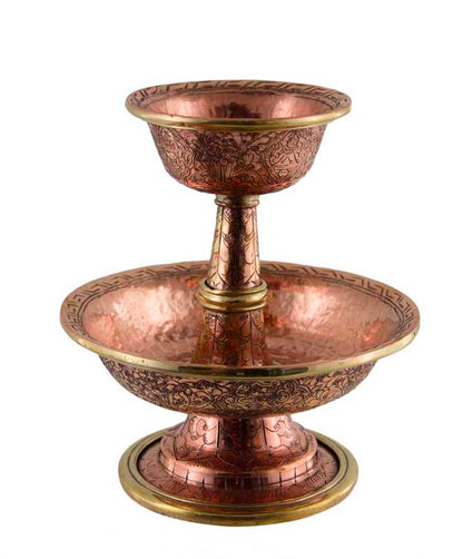 Serkyem tibétain en cuivre – Coupe et vase d'offrandes rituelles bouddhistes