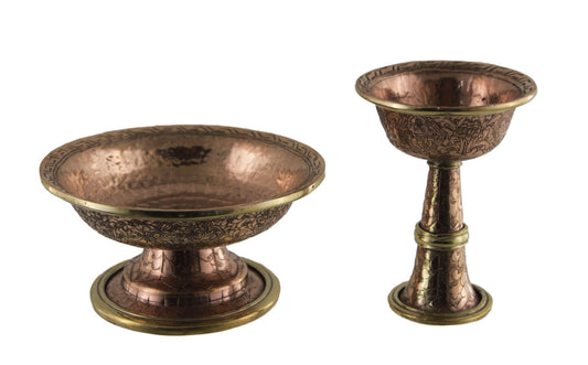 Serkyem tibétain en cuivre – Coupe et vase d'offrandes rituelles bouddhistes