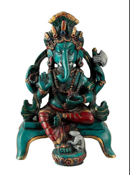 Statue Ganesh Assis En Résine Turquoise – Artisanat Népalais