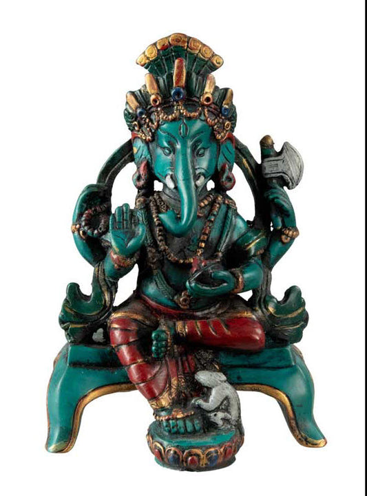 Statue Ganesh Assis En Résine Turquoise – Artisanat Népalais