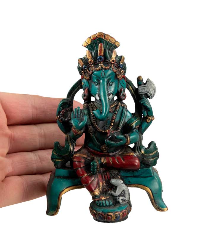 Statue Ganesh Assis En Résine Turquoise – Artisanat Népalais
