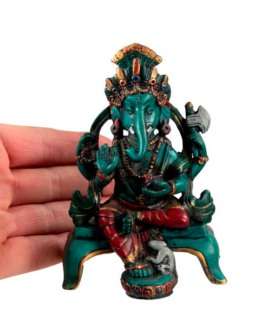 Statue Ganesh Assis En Résine Turquoise – Artisanat Népalais