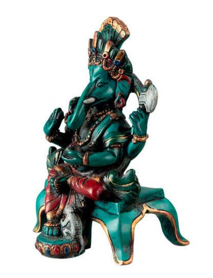 Statue Ganesh Assis En Résine Turquoise – Artisanat Népalais
