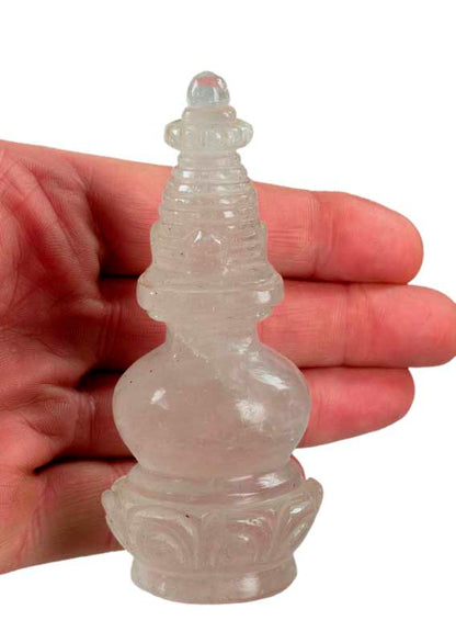 Stupa Tibétain En Cristal De Roche Quartz 10.2 cm – Reliquaire Bouddhiste Du Népal