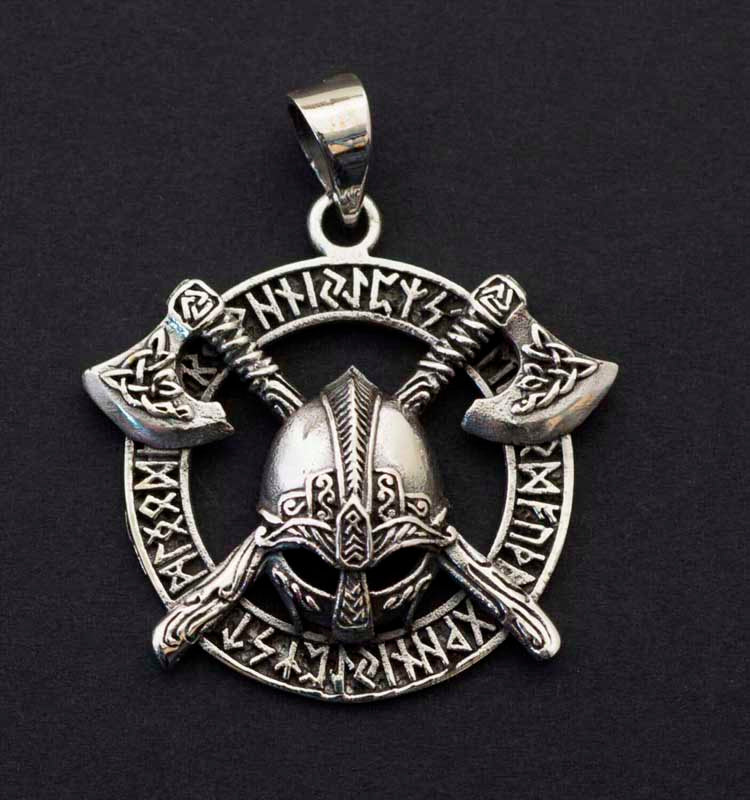 Pendentif Viking Casque et Haches Croisées Berserker en Argent 925