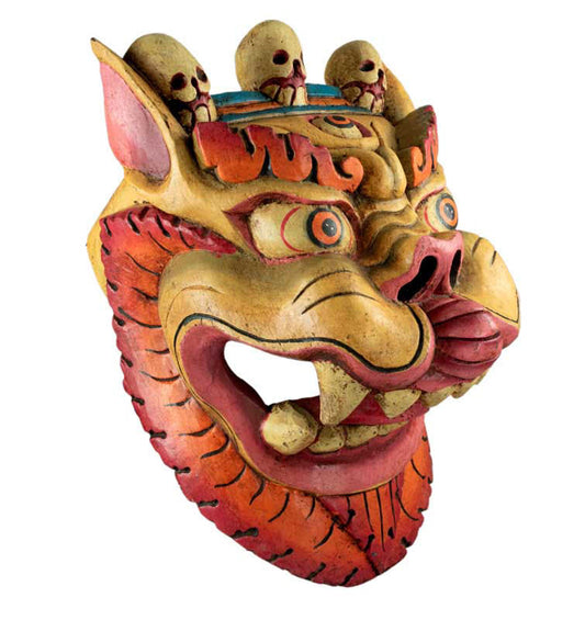 Masque Tibétain Lion Des Neiges En Bois De Peuplier – Décoration Murale