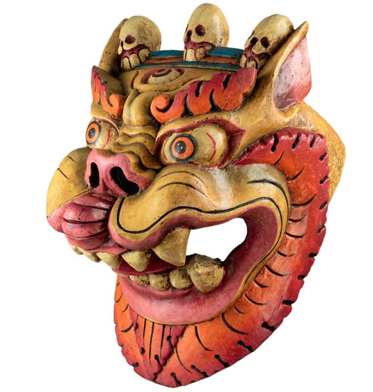 Masque Tibétain Lion Des Neiges En Bois De Peuplier – Décoration Murale