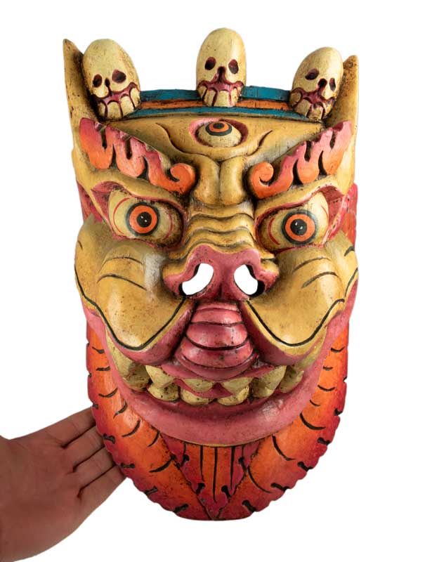 Masque Tibétain Lion Des Neiges En Bois De Peuplier – Décoration Murale