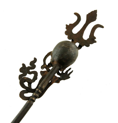 Ancien Khatvanga Tibétain Citipati en Métal – Trident Rituel à Têtes de Mort
