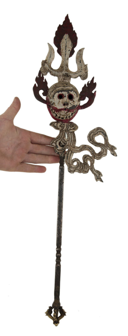 Ancien Grand Khatvanga Tibétain Tête de Mort – Trident Rituel Bouddhiste Tantrique