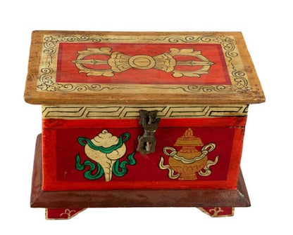 Boîte tibétaine en bois – Conque et Vase de Vie, symboles bouddhistes sacrés