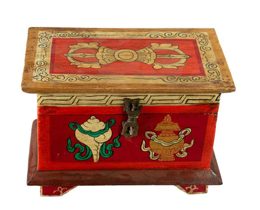Boîte tibétaine en bois – Conque et Vase de Vie, symboles bouddhistes sacrés