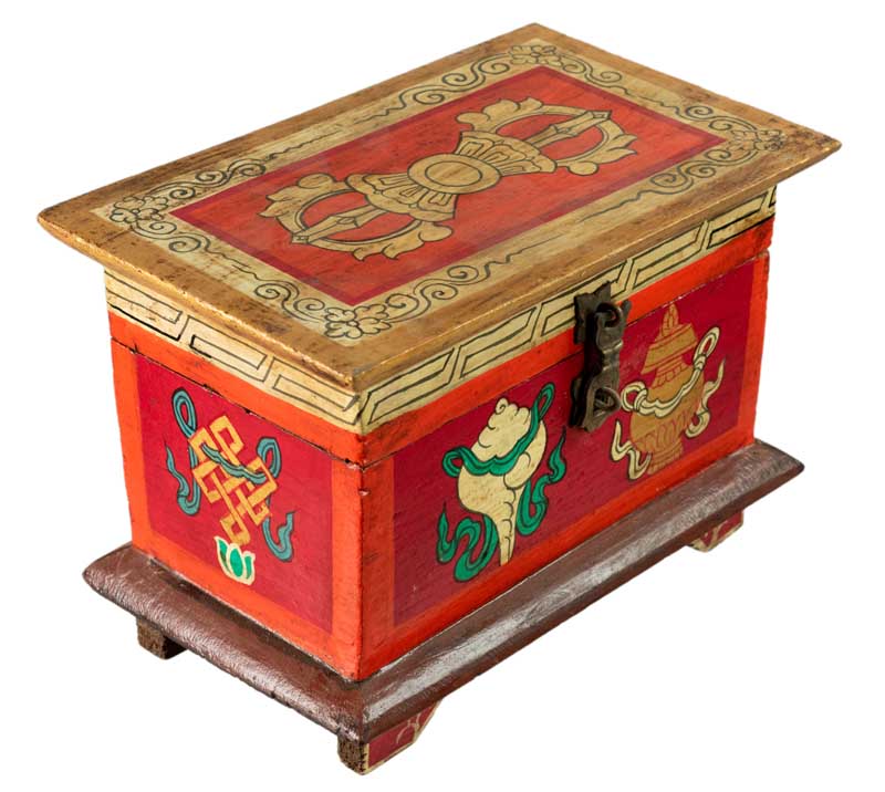 Boîte tibétaine en bois – Conque et Vase de Vie, symboles bouddhistes sacrés
