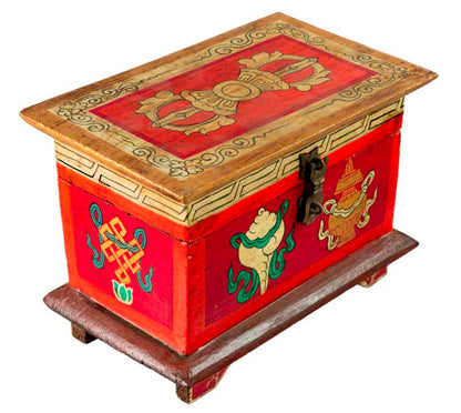 Boîte tibétaine en bois – Conque et Vase de Vie, symboles bouddhistes sacrés