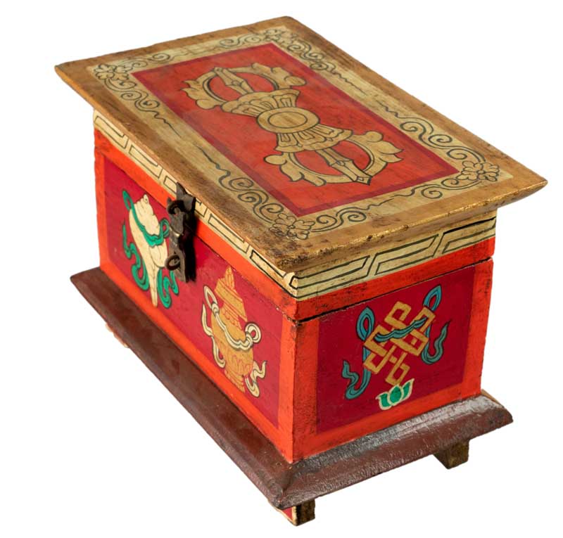 Boîte tibétaine en bois – Conque et Vase de Vie, symboles bouddhistes sacrés