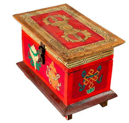 Boîte tibétaine en bois – Conque et Vase de Vie, symboles bouddhistes sacrés