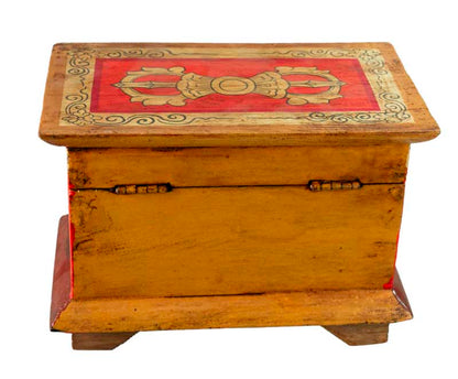 Boîte tibétaine en bois – Conque et Vase de Vie, symboles bouddhistes sacrés