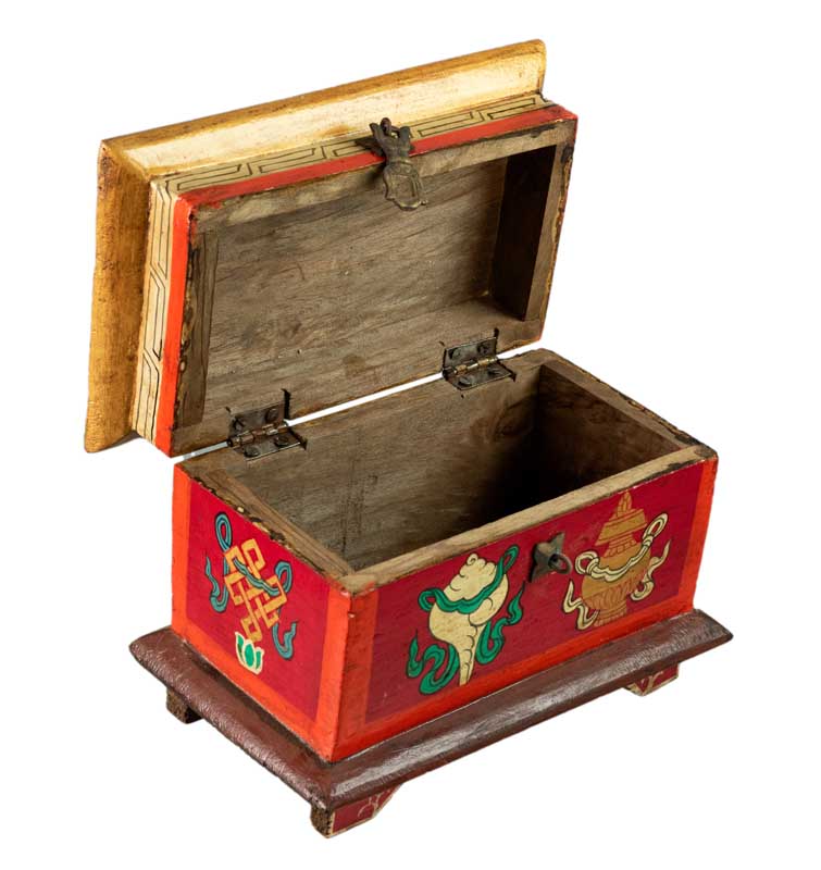 Boîte tibétaine en bois – Conque et Vase de Vie, symboles bouddhistes sacrés