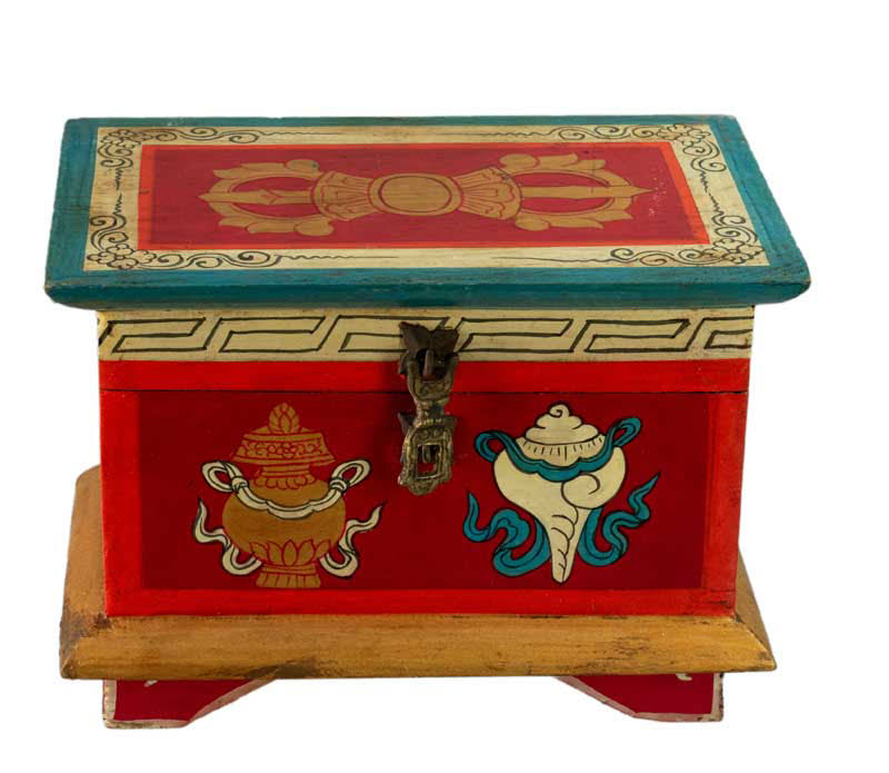 Coffret bouddhiste tibétain en bois peint – artisanat traditionnel du Népal