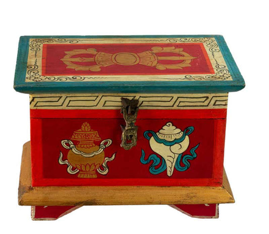 Coffret bouddhiste tibétain en bois peint – artisanat traditionnel du Népal