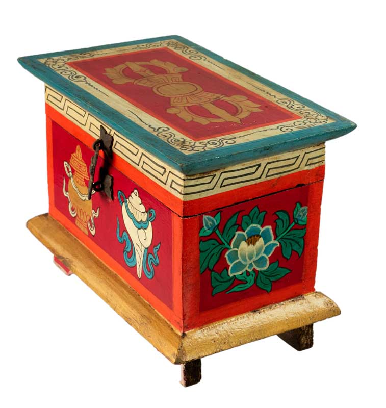 Coffret bouddhiste tibétain en bois peint – artisanat traditionnel du Népal
